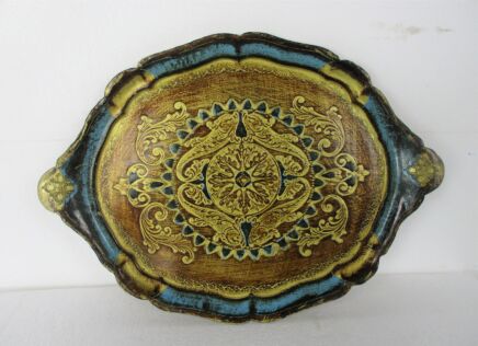 Mid Century Hollywood Regency Florentine Serving Tray Blue Gold Wood
