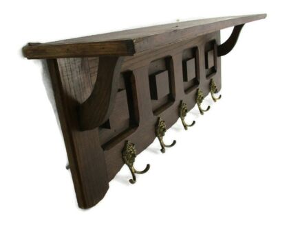 Antique Ornate Hand Carved Wood Coat Kitchen hat Rack Lion Head hooks Lovely