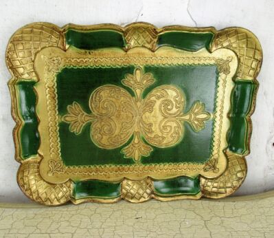Mid Century Hollywood Regency Florentine Serving Tray green Gold Resin Italy