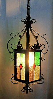 Vintage French Lantern Chandelier Pendant Wrought Iron Leaded Stained Glass HTF