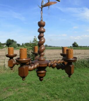 Antique Barley Twist Wooden Chandelier Lamps carved Wood 5 arm