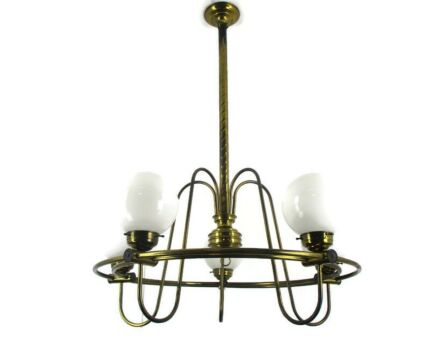 Huge Hollywood regency Chandelier lamp Ornate Brass Opaline Ball Shades 5 light