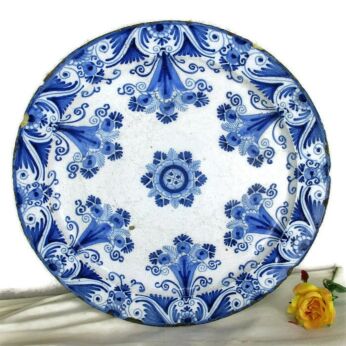 Large 19th Century Hand Painted Delfts Delft Blue Charger Plate Flowers Lovely