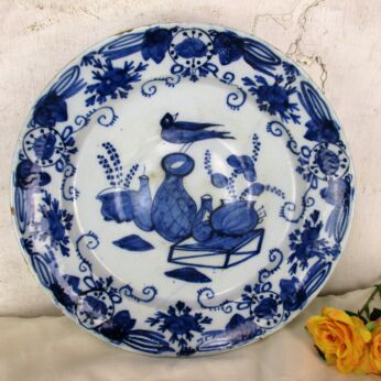 Antique 18th Century Large Delft Charger Plate Blue White Unusual Still Life