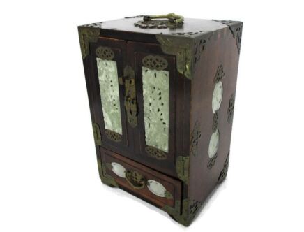Vintage Wooden Ornate Treasure Chest Trinket Jewelry Box Cabinet Inlay Jade? Soapstone ? Gorgeous