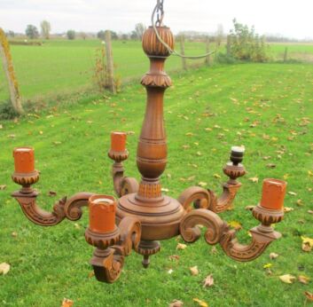 Vintage Carved wood Chandelier 5 lights arms Ceiling Light lamp wooden
