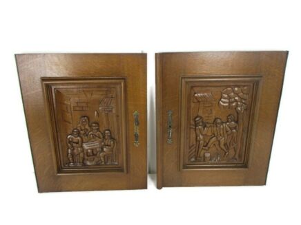 Pair Antique Hand Carved   Door Panels Reclaimed Architectural Kitchen Cabinet Doors Breughel Scenes