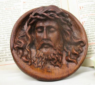 Wall Plaque Tile hand Carved Wood Jesus Christ Head of Thorns Art Sculpture