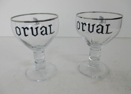 2 Beer Chalice Glasses Goblet Belgian Craft Ale Trappist Westmalle Orval Chimal Vintage enamel rim