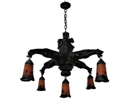 Gothic Dragon Heads 5 Arms Plaster Chandelier Lamp Art Deco Glass Shades French