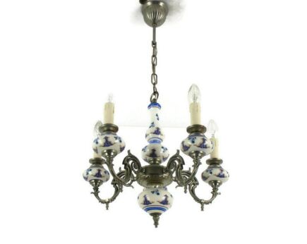 Romantic Chandelier Pendant 5 arm Lights Brass Porcelain Flowers Blue White