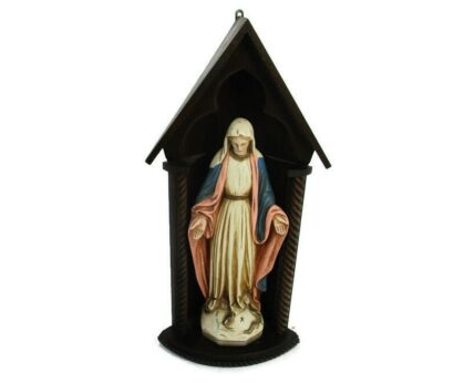 hand Carved Wooden Chapel Niche with Statue Virgin treading on Snake Standing