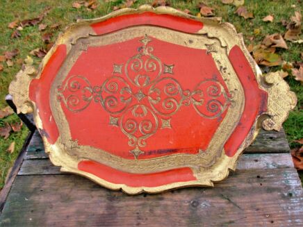 Italian Mid Century Hollywood Regency Florentine Serving Tray Orange Gold Resin