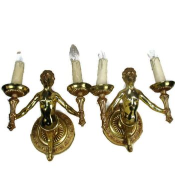 XL Vintage Brass Two-Arm Double Wall Sconces Mythical Creature Mermaids HTF WOW