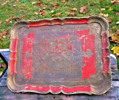 Italian Mid Century Hollywood Regency Florentine Serving Tray Red Gold Gilt