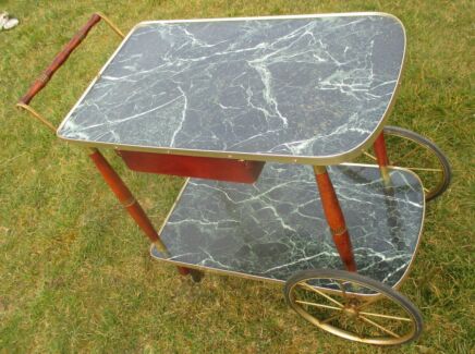 Vintage Bar Cart Danish Modern Marbled Like Wood Cocktail cart Serving trolley