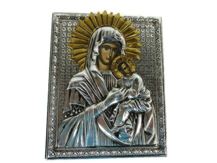 Vintage Traveling Icon Metal Paper on Print on Wood Virgin Mary Madonna with Infant Jesus