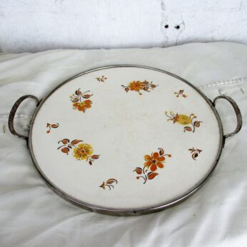 Vintage Cake Pie stand Plate Serving tray France French Romantic yellow Flowers