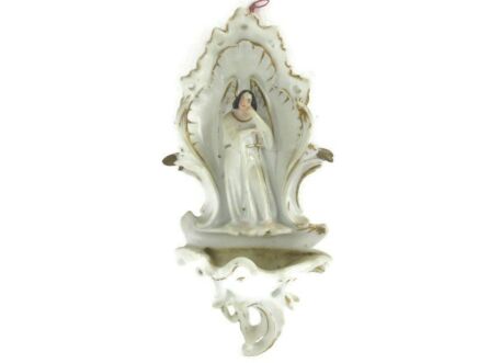 French Holy Water Font Angel Hand Painted Bisque Porcelain Collector HTF 9.84" Gorgeous