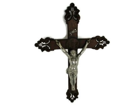 French Vintage Ornate hand Carved Wood Oak Hanging Crucifix Cross Jesus Christ Spelter Corpus Stunning 29.52"