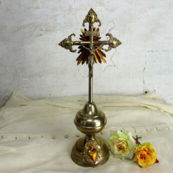 French Antique Standing Crucifix Jesus Christ Sacred Heart Fleurs de lis Snake