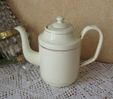Vintage French Tin Enamel cream color Teapot Coffeepot Toleware Silver Rim