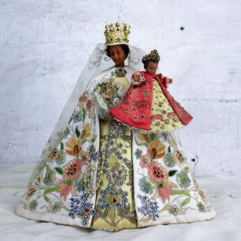 Wax Madonna Virgin Mary Infant Jesus Figurine Doll Embroidery Relic Handmade WOW