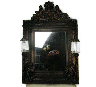 Large Mirror Putti Angels Playing Music Boudoir Vanity Rococo Lamps HTF