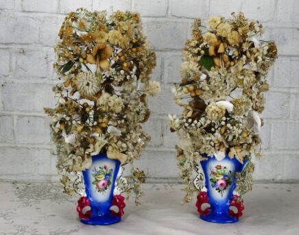 Couple Antique French Porcelain Fan Flair Bridal Vases Silk Flower Bouquet