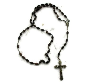 Vintage Brown Wooden Rosary Catholic Nun Necklace Prayer Beads Madonna open Arms Gorgeous