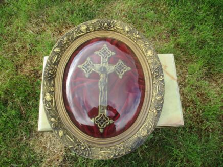 Large Antique French Gilded Oval Wall Crucifix Cross Convex Glass Plaster Dome