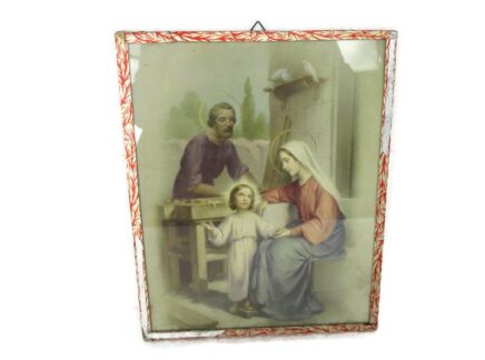 vintage Ornate Holy Family Jesus Virgin Mary St Joseph Print 1940s hard plastic cardboard rare