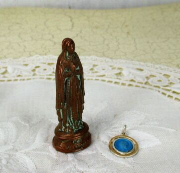 Mini Statue Our Lady of Lourdes Virgin Mary Brass French + Pendant Medallion