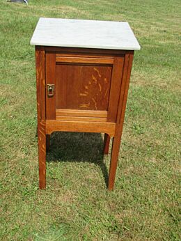 Antique French Art Deco Oak White Marble Side Cabinet Lamp End Table Nightstand