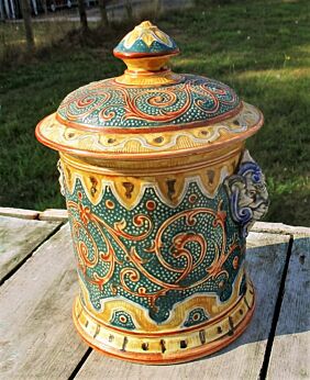Large Antique Tobacco Jar Humidor Ceramic Dragon Head Handles Stunning