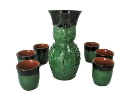 Vintage Ceramic vino Decanter Bitossi Style 6 Glasses Hand made Lovely Set Green