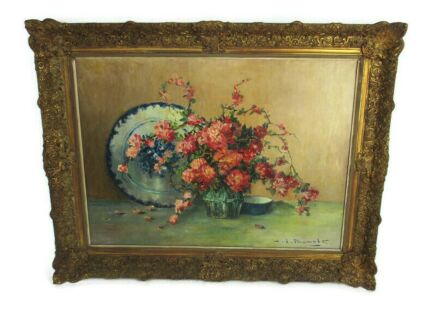 Oil Painting on Canvas Gorgeous Wooden Frame H.J. Pauwels Still life Flowers