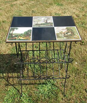 Vintage Magazine Newspaper Basket Side Table Plant stand Tiles Wrought Iron