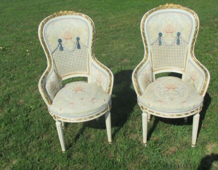 Vintage Couple Chairs Louis XVI style Wood white wicker Gobelin Stunning