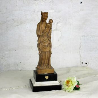 Hand Carved Wooden Statue Virgin Mary Vierge A L'Oiseau Signed Fessey Marble