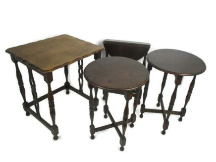 Set Wood Side Occasional Wine Coffee Table Pedestal Plant Stand pliable Set of 4 tables!! Barn Style 3 pliable nesting tables