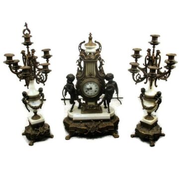 3 Piece Garniture Mantle Set Clock Candelabras Cherubs Germany