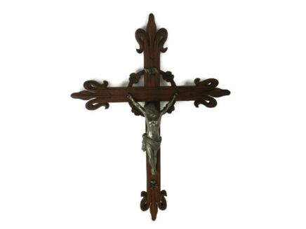 XL Hand Carved Wood Hanging Ornate Church Chapel Crucifix French Fleur de Lis Faux Brass Spelter  Corpus 29.52"
