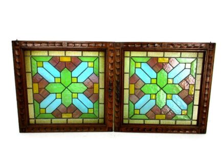 Pair Antique Leaded Glass hand Carved Oak Door Panels Reclaimed Architectural