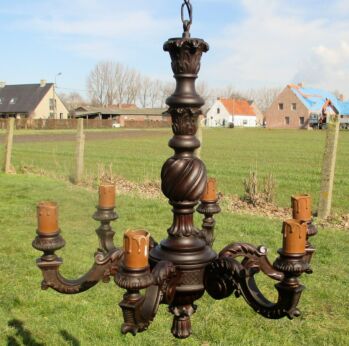 Antique Barley Twist Wooden Chandelier carved Wood 6 arm lamp