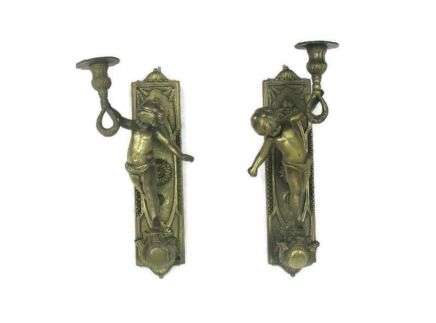 Pair Gorgeous Wall Mounted Sconces Candle Holders Putti Cherub Angels Brass