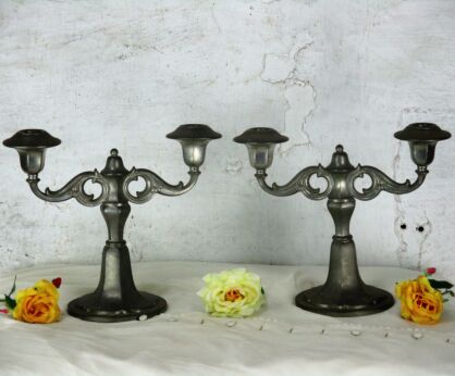 Vintage Couple pair Ornate Double Candle Holders Tin Candelabras Candelabra