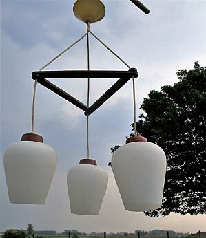 Mid Century Danish Modern teak drop Chandelier Opal Shades 3 Lights Vintage