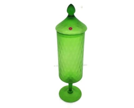 Vintage Goblet Apothecary Jar Lidded Swirled Opt Glass Green Mid Century funky Italian