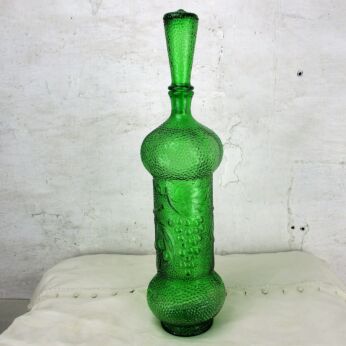 Vintage XL Green Bubbled Glass Genie Bottle Stopper Decanter Grapes 21.65" WOW